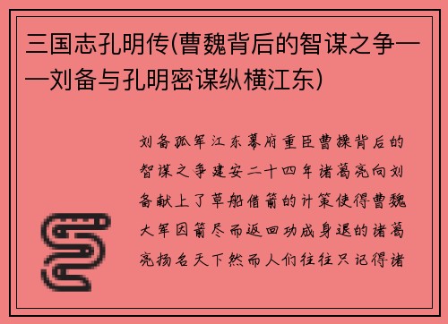 三国志孔明传(曹魏背后的智谋之争——刘备与孔明密谋纵横江东)